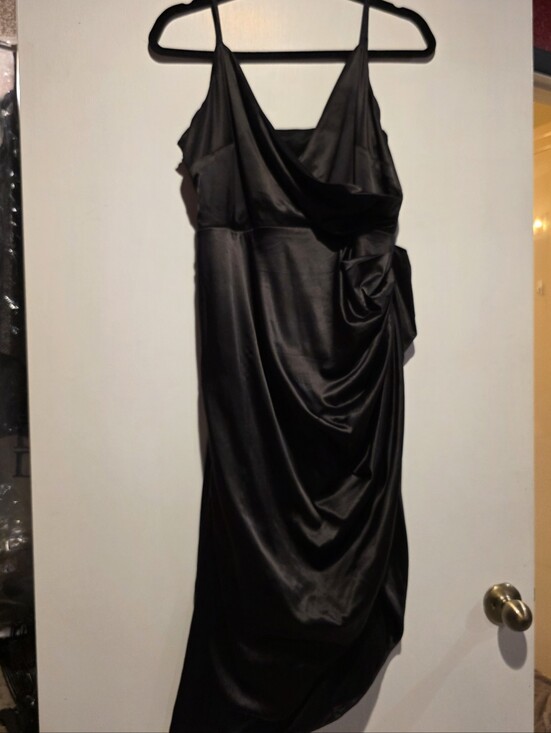 None Dresses & Skirts - Black Satin Draped Midi Slip Dress with Side Rosette